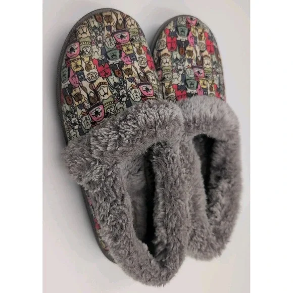 Skechers BOBS Slippers Women 7.5 Dog Print Faux Fur Lined Memory Foam Cozy - Picture 4 of 16
